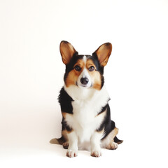 Tri-color Pembroke Welsh Corgi sitting against a clean white background with ample copy space, ideal for pet-related content and advertising