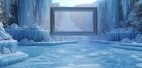 Foto op Canvas A 3D art gallery with an empty frame, in a world of ice sculptures and frozen waterfalls. © yasi arts