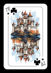 Original design of the ace of clubs (suit). Ace of clubs with the image of a medieval castle. AI generated