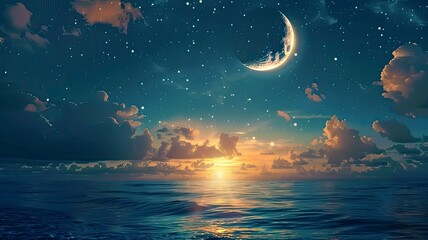 Obraz na płótnie Canvas Ramadan Kareem background with crescent, stars and glowing clouds above serene sea. Elements of this image furnished by NASA, copy space - generative ai