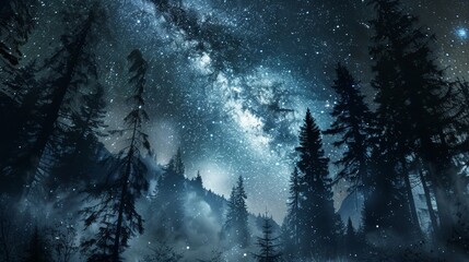 A long exposure photograph captures the ethereal beauty of a starry night in the mountains. The outlines of towering trees are faintly visible in the foreground as the Milky - obrazy, fototapety, plakaty