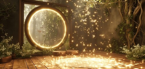 A 3D art gallery with an empty frame, surrounded by a magical, shimmering fairy circle.