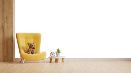 Children's room with yellow armchair soft toys on transparent background.3d rendering.