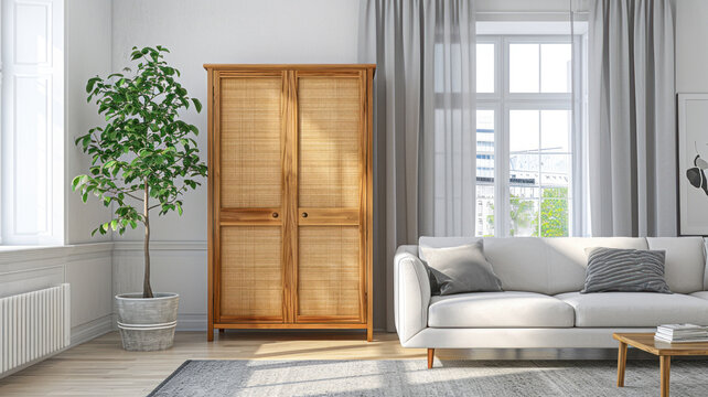 Bright living room interior with wicker cannage wardrobe in minimalist japandi style.