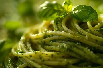 Close-up of spaghetti coated in vibrant green pesto sauce.Close-Up of Fresh Spaghetti Coated in Rich Green Pesto, Italian Cuisine Details.