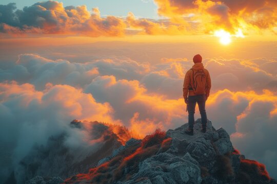 Ecstasy at the Top: A Man Looking From A Mountain At Moving Clouds Filled With Joy And Contentment
