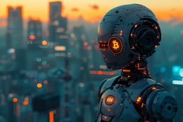 Robot in a future city where Bitcoin reigns envisioning tomorrows economy - obrazy, fototapety, plakaty