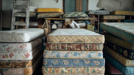 Pile of assorted old mattresses.