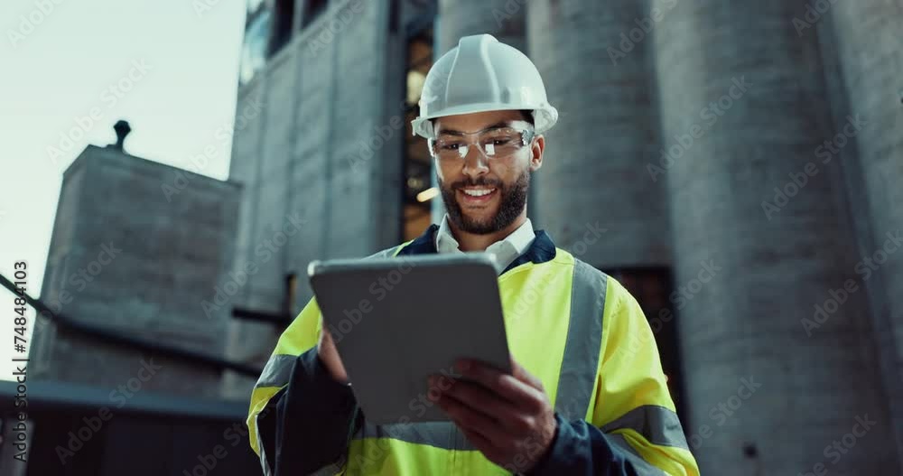 Poster check, man or architect on tablet in city to research for engineering, building or construction. ins