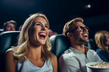 Laughing couple in cinema watching comedy film and eating popcorn