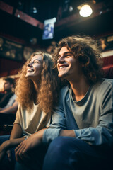 Laughing girl and guy in the cinema watching a movie