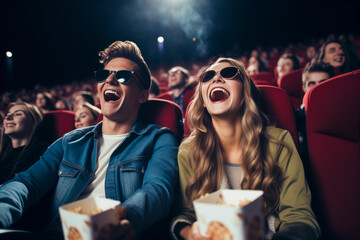 Laughing couple in cinema watching comedy film and eating popcorn - obrazy, fototapety, plakaty