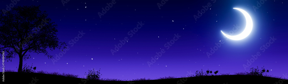 Wall mural the crescent moon glows in the sky. there are twinkling stars, clear and cloudless, for making backg