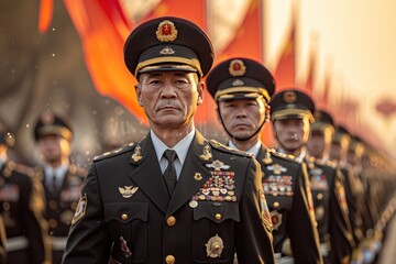 Patriotic spirit in the ranks: military parades with well-trained soldiers in classic uniforms - obrazy, fototapety, plakaty