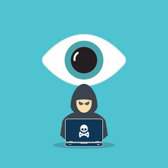 Hacker watching your every move on web. Hacker with laptop computer stealing confidential data, personal information and credit card detail. Hacking concept.	