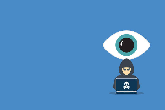Hacker watching your every move on web. Hacker with laptop computer stealing confidential data, personal information and credit card detail. Hacking concept.	