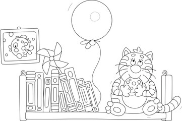 Funny fat cat sitting on a bookshelf among books and eating a piece of a very tasty sausage stolen from a kitchen table, black and white outline vector cartoon illustration for a coloring book