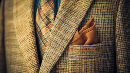 Close-up of tweed jacket and pocket square. - obrazy, fototapety, plakaty