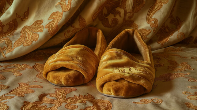 Velvet slippers on a luxury bedspread.