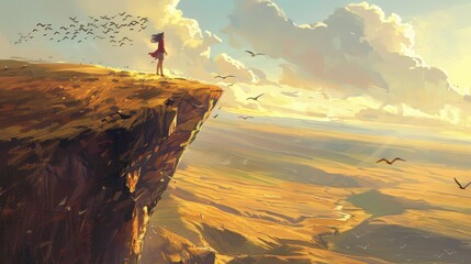 Standing on the edge of a cliff a person gazes out over a vast undulating landscape of golden prairies and rolling hills. A flock of birds soars overhead wings outstretched