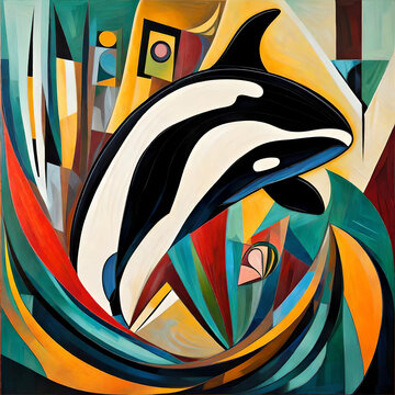 a cubist style, art deco, abstract painting of a  killer whale. Bright colors.
