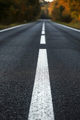 Black Asphalt Road And White Dividing Lines. Highway in early morning