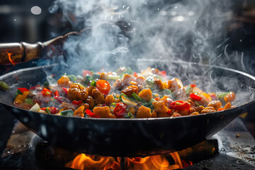 A traditional Asian wok filled with various ingredients is cooking on a gas stove. The flames beneath the wok provide heat, while the chef stirs and tosses the food with a spatula