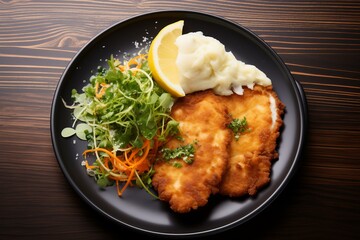 Crispy Pork schnitzel mushroom plate. Cuisine sauce food. Generate Ai - 748485130