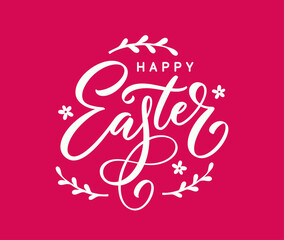 Happy Easter hand drawn calligraphic text. Holiday hand lettering with decoration elements. Vector text for Easter.