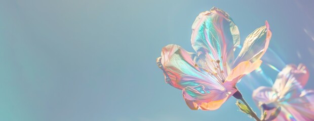 Digital art of a delicate holographic flower with iridescent petals blossoming in a surreal, soft-focus dreamscape. Place for text - obrazy, fototapety, plakaty