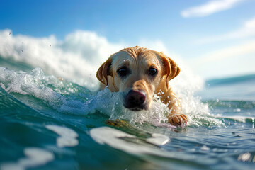 Dog surfing on a wave