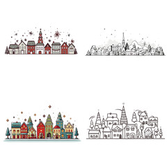 Christmas Village (Miniature Festive Village). simple minimalist isolated in white background vector illustration