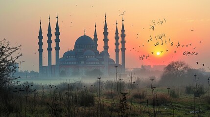 A serene scene of a mosque silhouetted against the sunset sky, with "Eid Mubarak" written in elegant script on the white horizon