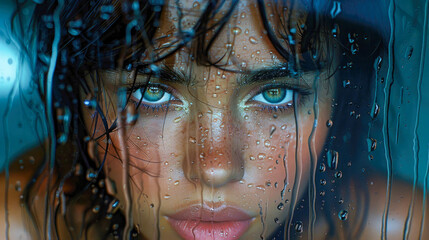 Closeup portrait of young beautiful woman behind wet glass with water drops
