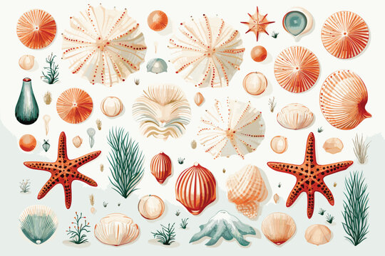 Large seashell collection on a distressed white wooden background.
