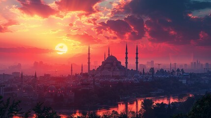 A serene sunset scene with a mosque silhouette in the distance, symbolizing the end of Ramadan and the beginning of Eid