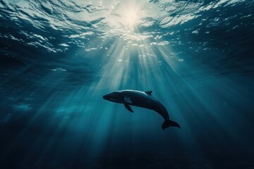 Lone sperm whale diving into the deep blue ocean abyss with sun rays filtering through the water surface. - obrazy, fototapety, plakaty