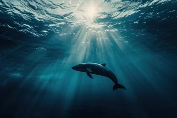 Fotobehang Lone sperm whale diving into the deep blue ocean abyss with sun rays filtering through the water surface. © evgenia_lo