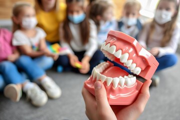 Child Learning Dental Hygiene with Teeth Model in Classroom - obrazy, fototapety, plakaty