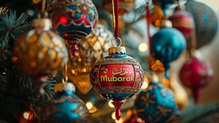 A stunning Eid tree adorned with colorful ornaments, twinkling lights, and "Eid Mubarak" spelled out in glittering gold against a pristine white wall