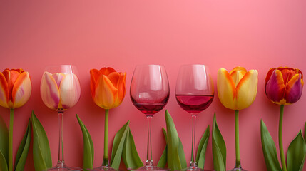 Colorful Tulips and Wine Glasses Arrangement on Pink Background