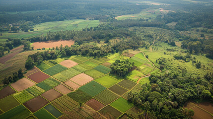 An aweinspiring aerial view of vast farmlands with fields of varying shades of green and gold bordered by dense s of trees. The natural patterns and shapes formed by the crops