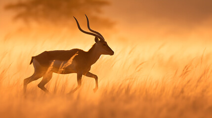 Golden Silhouette: An Iconic Portrait of a Majestic Antelope Galloping Powerfully Against a Sunset Savannah Backdrop