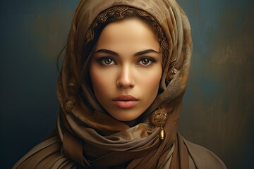 Contemplative Muslim woman portrait. Fashion east. Generate Ai