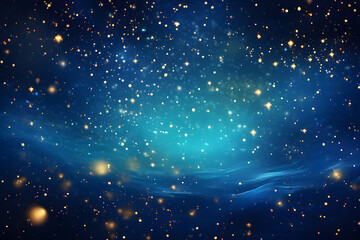 blue starry night background with bokeh, starry night sky, abstract defocused lights and particles, generative ai