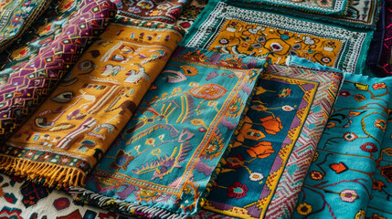 A cultural and religious mosaic of diversity with vibrant tapestries and woven rugs.