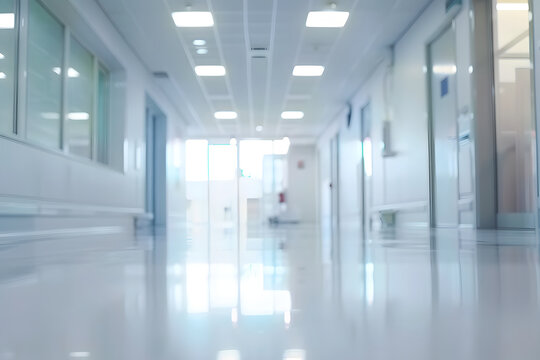 white doorway in a hospital hallway blurry image, corridor in hospital, abstract blur luxury hospital corridor, generative ai