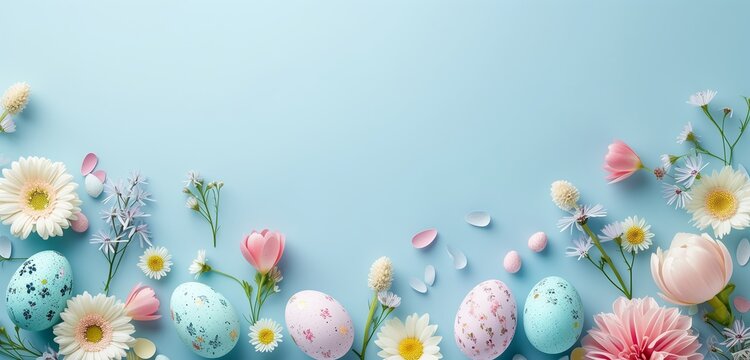 Easter eggs, flowers, paper blank on pastel blue background