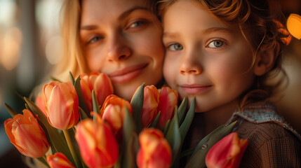 son hug the happy mother and gives her a bouquet of tulips, congratulating her on Mother's day during holiday celebration at home - obrazy, fototapety, plakaty