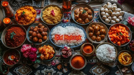 A traditional Eid feast spread out on a table, with "Eid Mubarak" written in colorful spices atop a bed of white rice